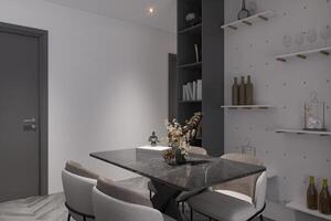 Smart dining room Furnishings For a Modern Lifestyle, with a black dining table and gray chairs. photo