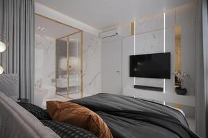espacioso dormitorio con un grande televisión en el blanco pared panel en frente de el Maestro cama. foto