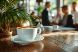 ai generado negocio personas en pie alrededor un mesa con café foto