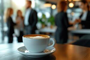 ai generado negocio personas en pie alrededor un mesa con café foto