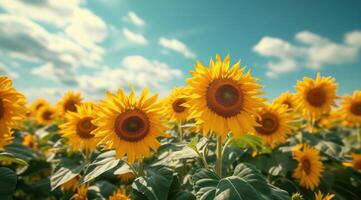 AI generated Golden sunflower on field and blue sky stock photo