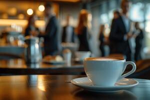 ai generado negocio personas en pie alrededor un mesa con café foto