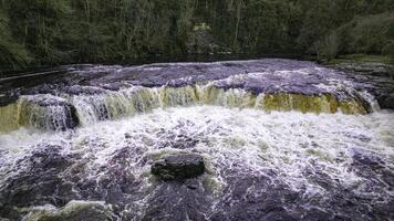 Rushing waterfall in a lush forest with vibrant greenery and frothy white water cascading over rocks. photo