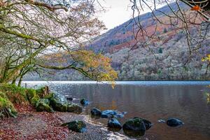 Tranquil lake with autumn leaves, surrounded by forested hills, with rocks along the shore under a serene sky in Scotland. photo