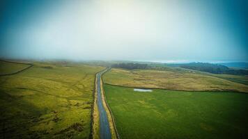 aéreo ver de un largo la carretera corte mediante un lozano verde paisaje con brumoso horizonte. foto