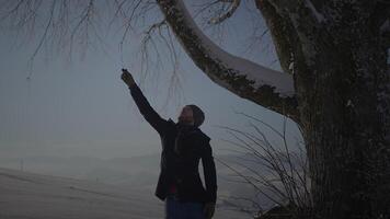 Male Person Walking in Deep Snow Looking at Single Tree video