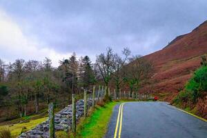 Empty country road with yellow lines curving through a scenic landscape with green trees and a hillside under a cloudy sky. photo