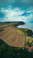 Aerial view of a coastal landscape with farmland, cliffs, and the sea under a cloudy sky in Staithes, England. photo
