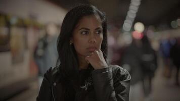 Head Shot of Thinking Female Person Waiting Thoughtful in Trainstation video