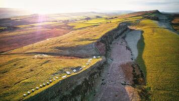 Aerial view of a winding road through a lush, rolling landscape at sunrise, with warm light casting long shadows at Sycamore Gap, Northumberland, UK. photo