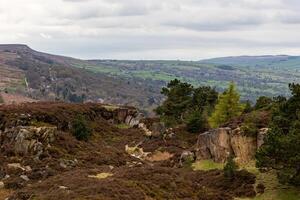 Scenic view of a rugged landscape with rocky outcrops and sparse vegetation under a cloudy sky in Ilkley, Yorkshire photo