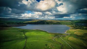Aerial view of the lake in Yorkshire Dales photo