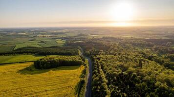 Scenic aerial view of the sunset above the forest in Yorkshire photo
