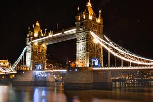 Night view of Tower Bridge in London with illuminated lights reflecting on the Thames River. photo