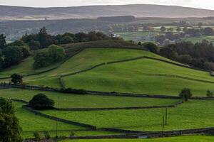 laminación verde colinas con tierras de cultivo y arboles debajo un brumoso cielo en Yorkshire valles. foto