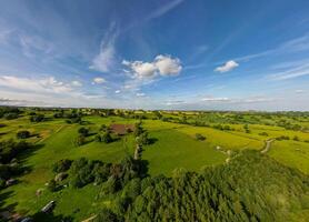 Aerial view of lush green countryside with scattered trees under a blue sky with fluffy clouds. photo