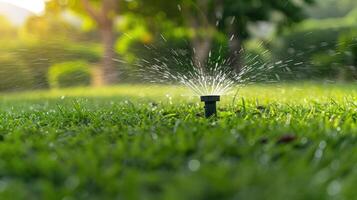 AI generated Automated lawn sprinkler efficiently waters lush green grass for a vibrant landscape. Ai Generated photo