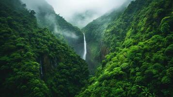 AI generated A long river forms a waterfall between lush green mountains, Ai Generated. photo