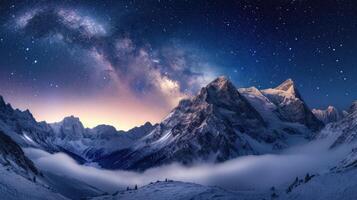 ai generado encantador ver de el mágico lechoso camino encima nevadas montañas en un invierno noche. ai generado foto