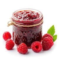 AI generated A jar of homemade raspberry jam with fresh raspberries, isolated on a white background. Ai Generated. photo