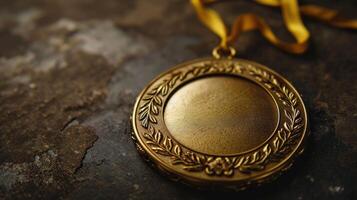 AI generated Close-up of a gold medal with ribbon, highlighting its prestigious blank surface. Ai Generated. photo