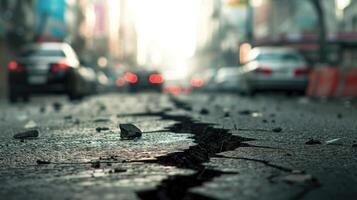 ai generado en el bullicioso paisaje urbano, un largo grieta Marte el camino, reticente a el retos de urbano infraestructura. ai generado. foto