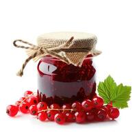 AI generated A jar of homemade redcurrant jam with fresh redcurrants, isolated on a white background. Ai Generated photo