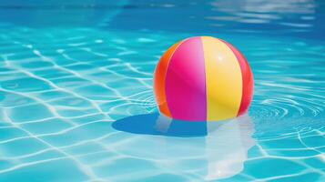 AI generated Vibrant beach ball floats peacefully on calm blue pool waters, inviting play. Ai Generated photo