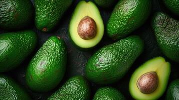 AI generated Whole ripe avocados arranged top view, forming a lush background. Abundant freshness, Ai Generated. photo