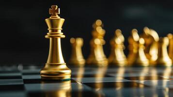 AI generated In the game of chess, the gold queen reigns supreme as the leader, symbolizing strategic prowess in business. Ai Generated. photo