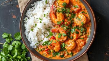 AI generated Delicious coconut shrimp curry served with rice, a creamy and flavorful delight, Ai Generated. photo