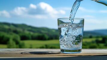 AI generated pouring water into glass on table, green landscape, blue sky. Ai Generated. photo