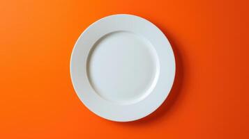 AI generated Top-down view of a white empty plate placed on a vibrant orange background, creating a striking contrast, Ai Generated. photo