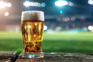 AI generated Cold beer in a glass, set against a soccer stadium backdrop. Refreshing ambiance. Ai Generated. photo