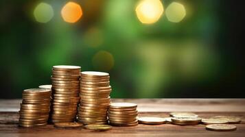 AI generated Coins stacked on wooden table against a green bokeh background, symbolizing prosperity. Ai Generated photo