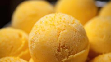 AI generated Succulent mango ice cream balls, a burst of tropical joy in every close-up frame. Ai Generated. photo