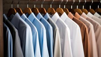 AI generated Neatly hung men's shirts in close-up, organized within the closet. Ai Generated photo