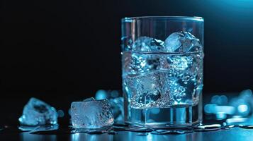 ai generado un vaso lleno con hielo cubitos soportes fuera en contra un frio azul y negro fondo, atractivo relajación. ai generado. foto