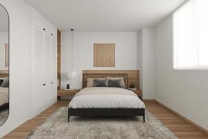 3d rendering bright minimal bedroom with gray and brown pillows. photo