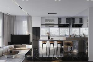 A kitchen in a loft, boasting a white open-plan layout accentuated by a black interior. photo