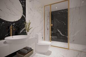 A modern bathroom interior featuring a white bathtub with golden accents that seamlessly blend in. photo