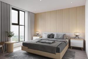 A sleek and bright bedroom allocated with a minimal interior, and a city view from a large window. photo