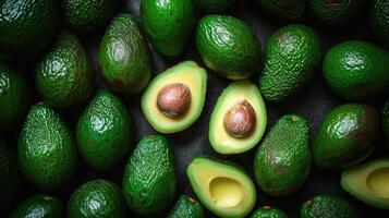 AI generated Whole ripe avocados arranged top view, forming a lush background. Abundant freshness, Ai Generated. photo