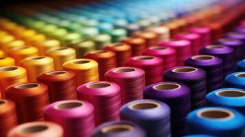 AI generated Vibrant rows of thread spools create a colorful tapestry, a symphony of hues. Ai Generated photo