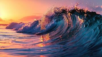 ai generado un vibrante Oceano ola formas un cresta, mar agua exhibiendo un fascinante caleidoscopio, ai generado. foto
