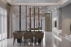 un espacioso contemporáneo comida habitación brilla con el reflexivo superficie de pulido mármol piso losas foto
