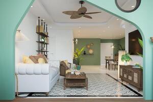 escoger popular colores y funcional muebles, interior planta, y blanco pared pintar en el vivo habitación. foto
