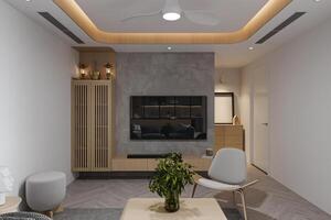 A room in a luxury house. Wall-mounted TV and interior design. photo