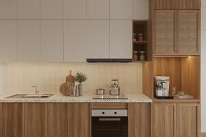 Wooden cabinets, contemporary wallpaper and marble top. Wasabi interior design photo