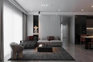 el elegante interior de el moderno vivo habitación. brillante y negro interior. foto